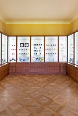 Innenaufnahme Chinesisches Kabinett im Schloss Altenstein mit historischen Snuff Bottles in Vitrinen
