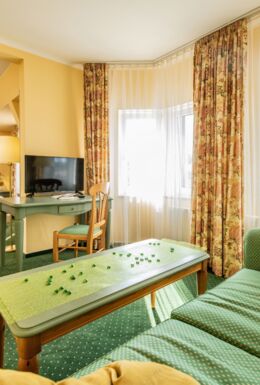 Innenaufnahme Zimmer mit Sofa, Tisch, TV und Blick auf den Schlafbereich